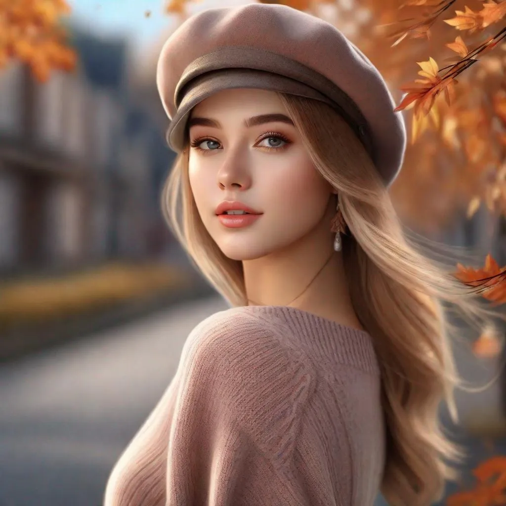 Prompt: A beautiful in a beret and wearing sweater walking during fall season, silky hair, charming face, pretty girl, beautiful girl, ultra realistic hd render, photorealistic image