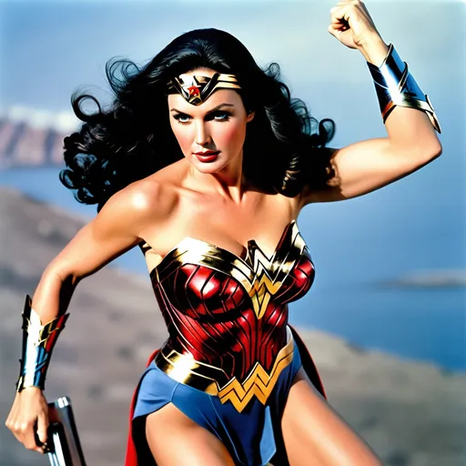 Prompt: Lynda Carter in her 30s as Wonder Woman,Modern Wonder Woman Outfit,Fighting,Full body photo, Tall Wonder Woman, Tall Lynda Carter, photorealistic
