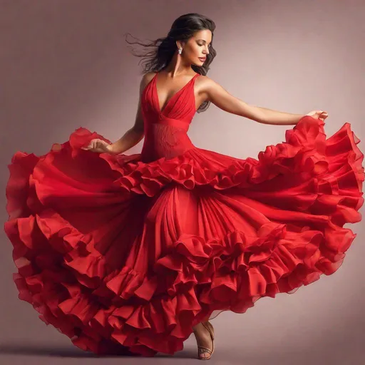 Prompt: Make a realistic image of  a female flamenco dancer with s beautiful dress of ruffles and ample cleavage, ,dress flowing Beautifully