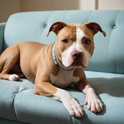 Prompt: A light brown and white American Staffordshire Terrier laying on a light blue couch