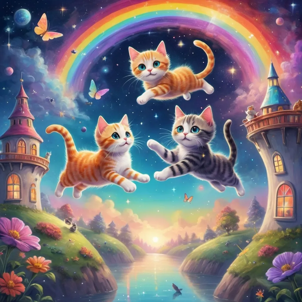 Prompt: CATS FLYING IN THE SPACE OVER FEW RAINBOW COLOURED BRIDGES HAPPILY