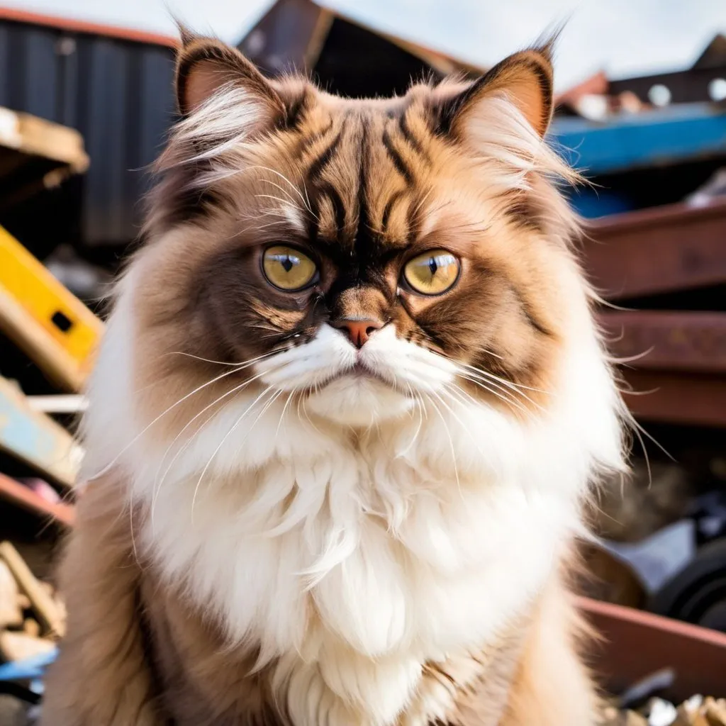 Prompt: A brown and white Persian cat in a scrapyard 