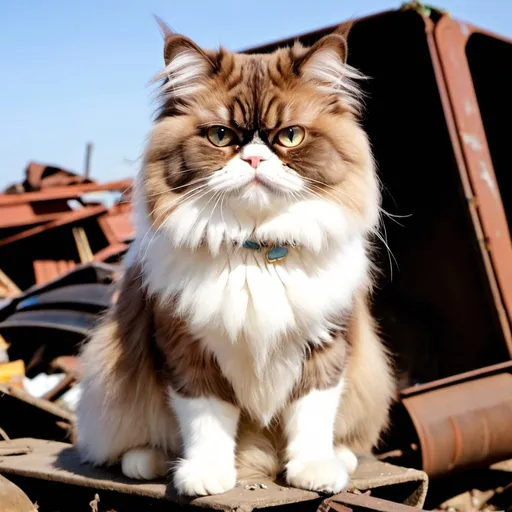 Prompt: A brown and white Persian cat in a scrapyard 