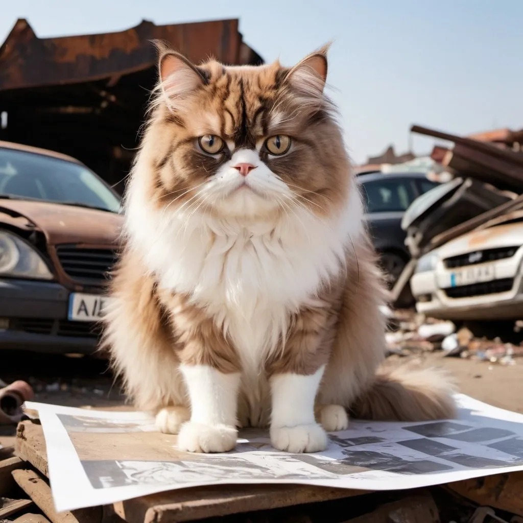 Prompt: A brown and white Persian cat in a scrapyard looking at a poster with a car drawing on it