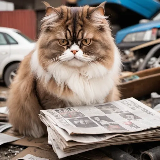Prompt: A brown and white Persian cat reading a newspaper  in a scrapyard