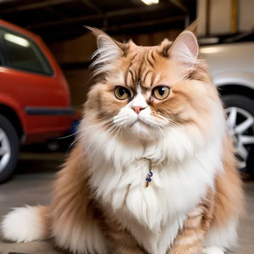 Prompt: A brown and white Persian cat in a garage