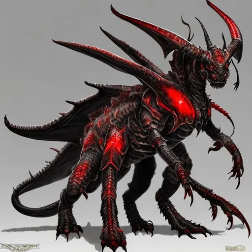 Prompt: A black and red horned four legged with four legs dragon monster combined with a dark Longhorn dragoncore dragon scale dragon beetle beetle insect.