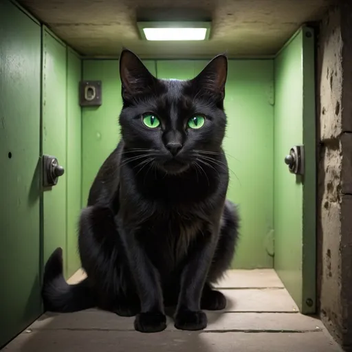 Prompt: A black cat with green eyes entering a secret bunker