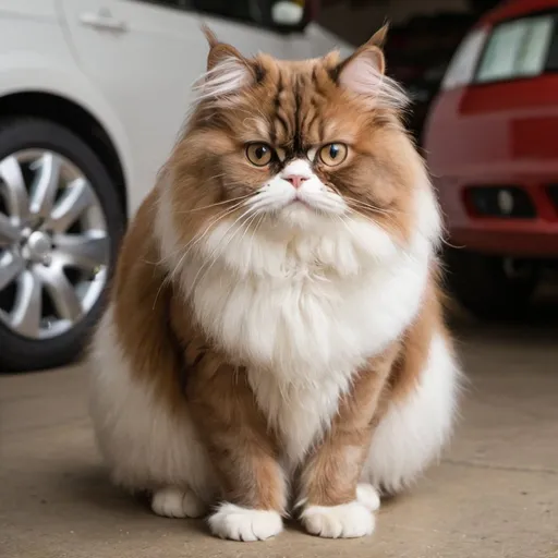 Prompt: A brown and white Persian cat in a garage