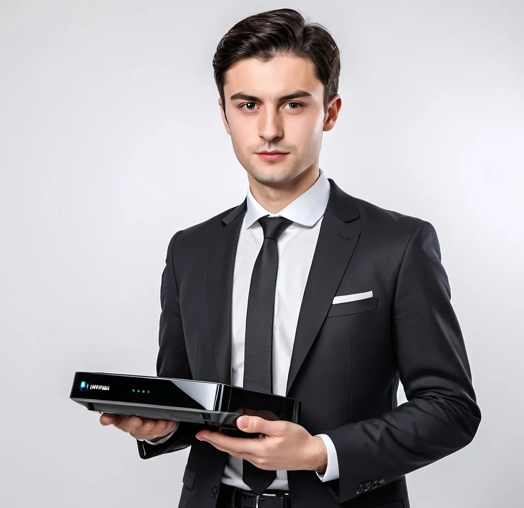 Prompt: A young European businessman with dark hair in a suit holding a router OptiXstar by Huawei, on a white background.