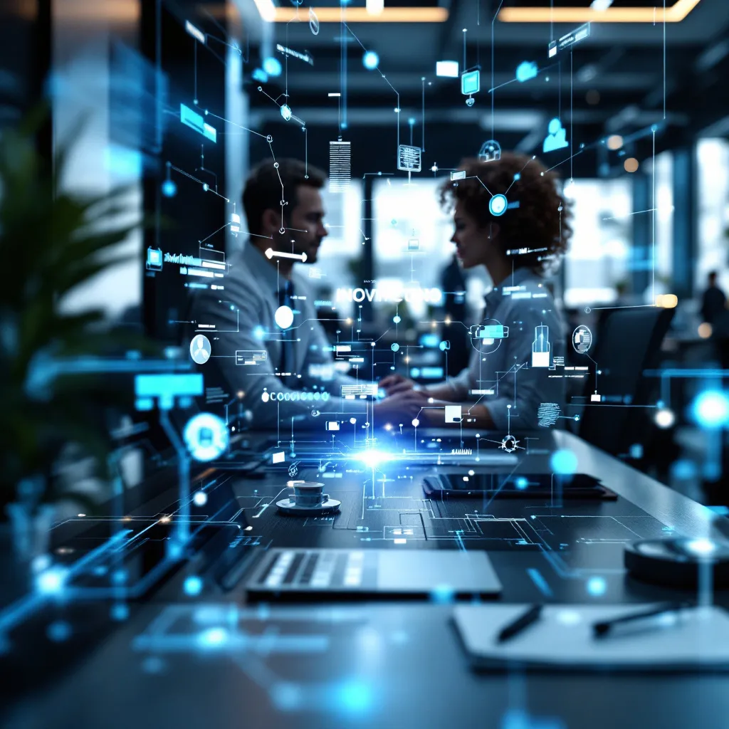 Prompt: formal business style image, combining elements of language and computer technologies, sleek and modern design, professional ambiance, neutral color palette with accents of blue, sophisticated textures, high-resolution details, compelling imagery showcasing innovation in communication, corporate setting, clear focus on collaboration and digital discourse, ultra-detailed, impactful composition.
