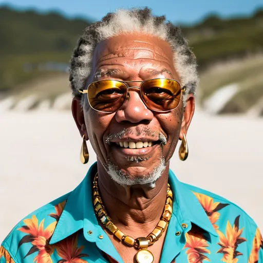 Prompt: an image of morgan freeman, hipster version, gold tooth with earrings and stuff, wearing vibrant beach shirt