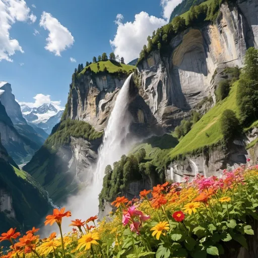 Prompt: create a landscape image of a waterfall on a sunny day in the Lauterbrunnen Valley of Switzerland.  Include flowers in the foreground.

