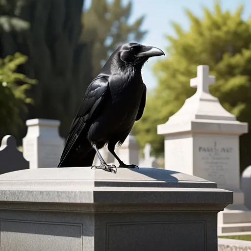 Prompt: A black crow bird perches on the tomb of  a grave staring intensely at passerby