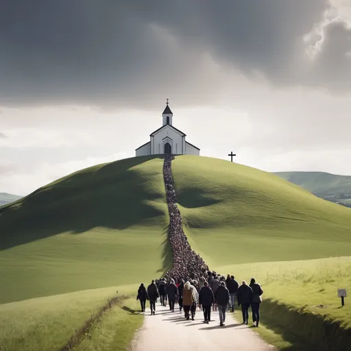 Prompt: Multitude of people walking on a path leading to a church with a huge cross on the hill