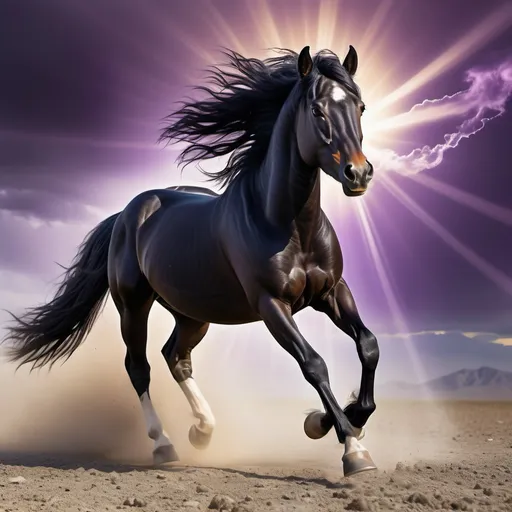 Prompt: Create a black wild mustang horse  running with strength show his vein behind is a dazzling purple cloud with beam of the sun. present the elegance of this horse