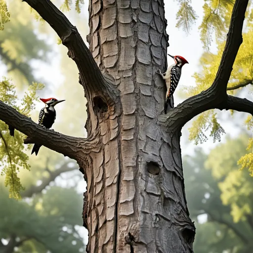 Prompt: colorful woodpeckers pecks an old oak tree in  a commentary full of tall trees