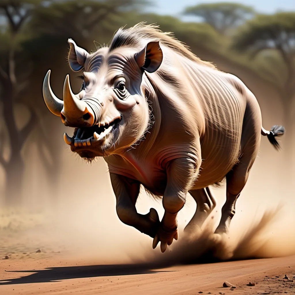 Prompt: create  an image of a huge warthog running fast with acceleration