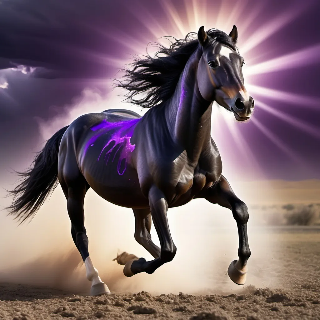 Prompt: Create a black wild mustang horse  running with strength show his vein behind is a dazzling purple cloud with beam of the sun. present the elegance of this horse