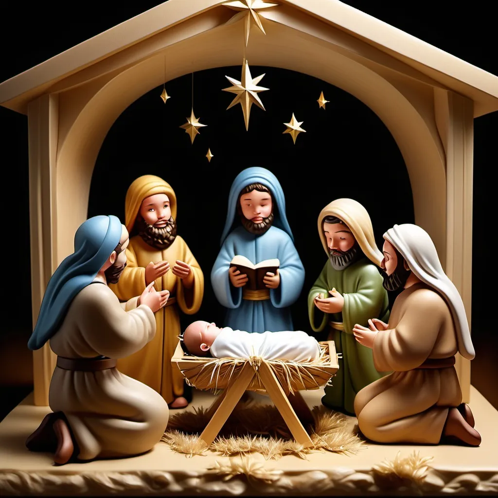 Prompt: create baby Jesus in a manger surrounded by the three wise men offering gift to him, lets the atmosphere be spiritual