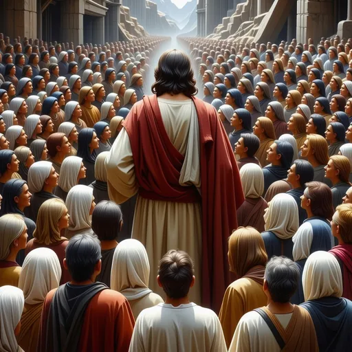 Prompt: Jesus Christ teaches surrounded by multitude of congregation and of people from parts of the world