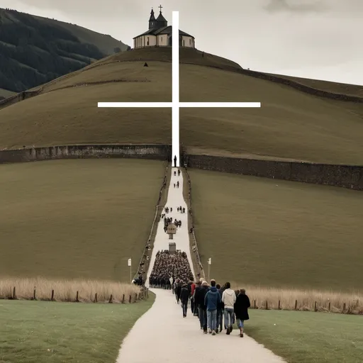 Prompt: Multitude of people walking on a path leading to a church with a huge cross on the hill