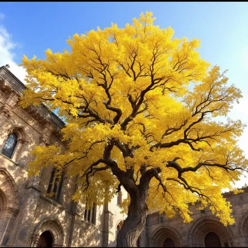 Prompt: I need a beautiful scene photo of a mustard tree on the sides of an old church. show the strength and majestic of the tree