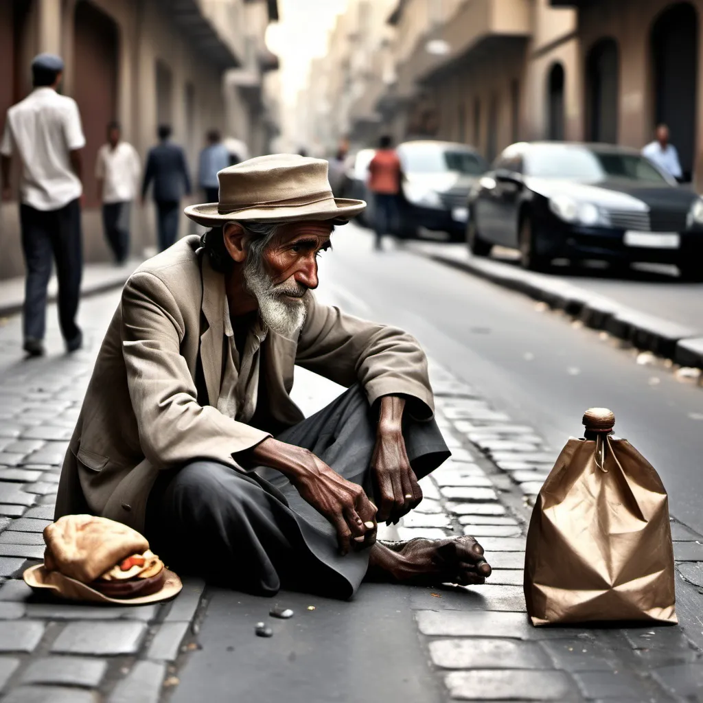 Prompt: A beggar sit besides his empty hat on the ground of a beautiful street where luxury cars pack are packed people dress gallantly walk  with drinks and food ignores the beggar