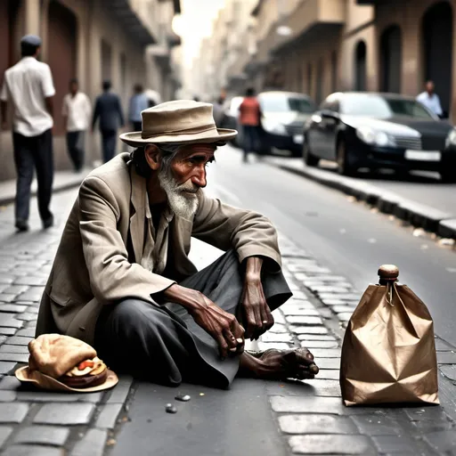 Prompt: A beggar sit besides his empty hat on the ground of a beautiful street where luxury cars pack are packed people dress gallantly walk  with drinks and food ignores the beggar