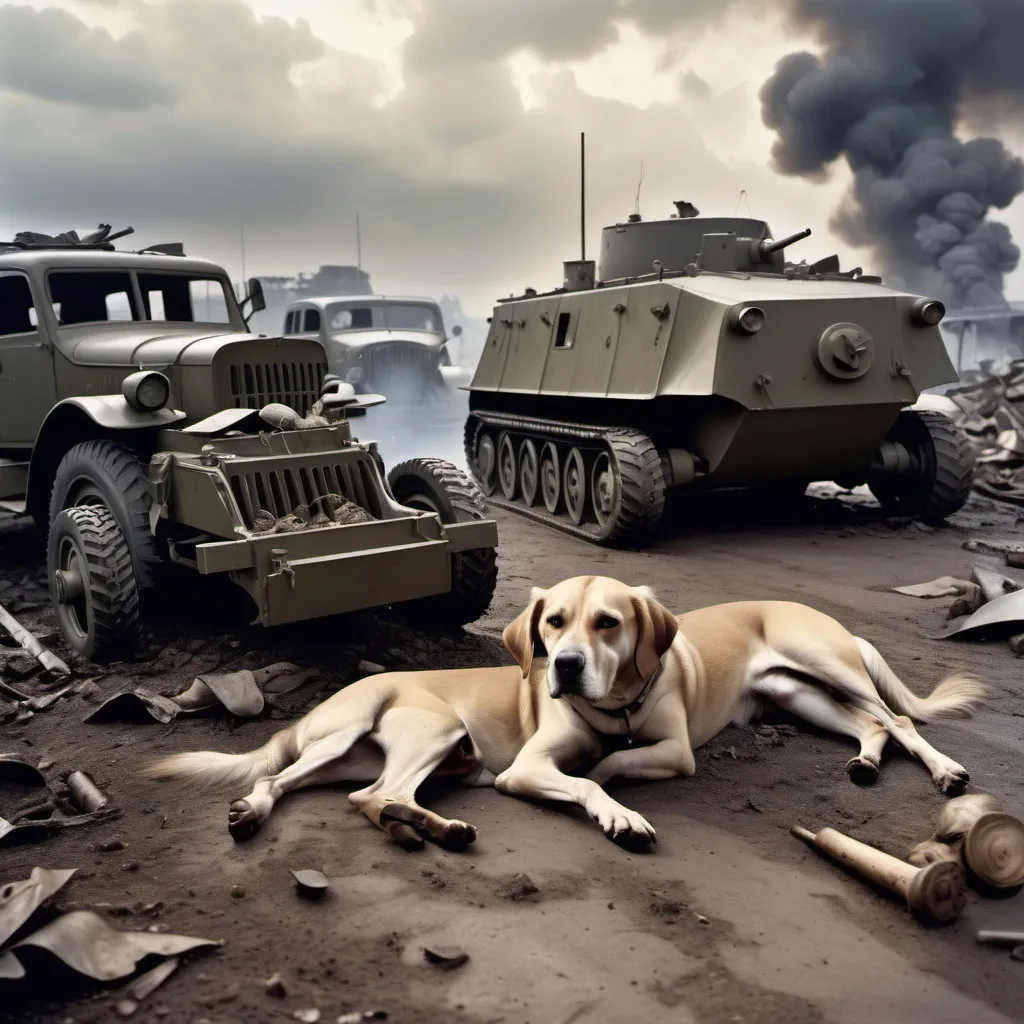 Prompt: doomed skies in second world war, smokes and disarray by destruction of war vehicles and dead bodies lays on the grounds, a dog takes a shelter beside dead soldier