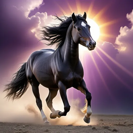 Prompt: Create a black wild mustang horse  running with strength show his vein behind is a dazzling purple cloud with beam of the sun. present the elegance of this horse