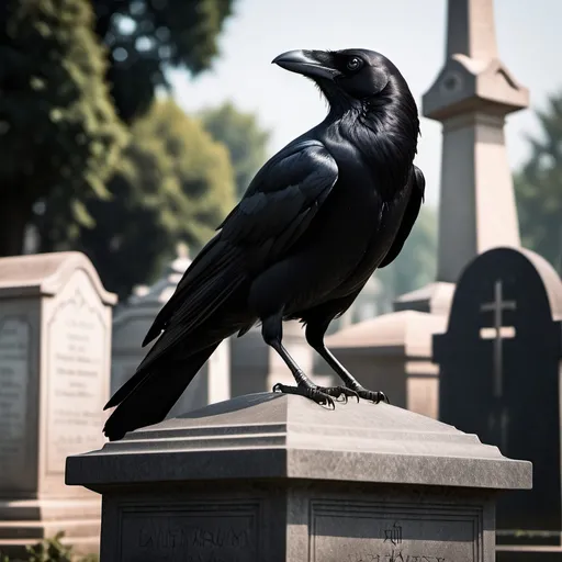 Prompt: A black crow bird perches on the tomb of  a grave staring intensely at passerby