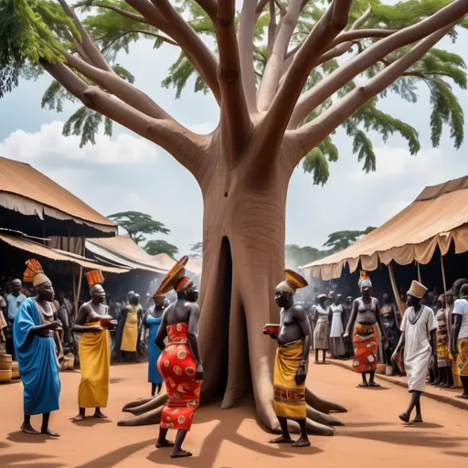 Prompt: In the midst of ancient African market sits a iroko tree that harbors the weaverbirds with multitude of buyer and sellers.  there are traditional masquerades dancing to African song, some people are dancing and having drinks