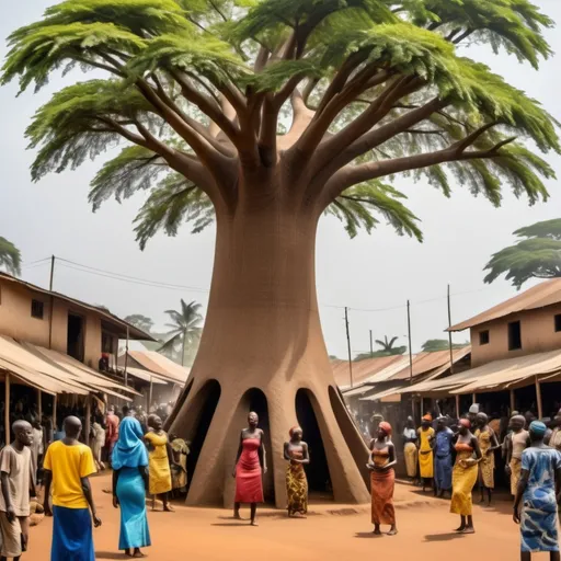 Prompt: In the midst of ancient African market sits a iroko tree that harbors the weaverbirds with multitude of buyer and sellers.  there are traditional masquerades dancing to African song, some people are dancing and having drinks