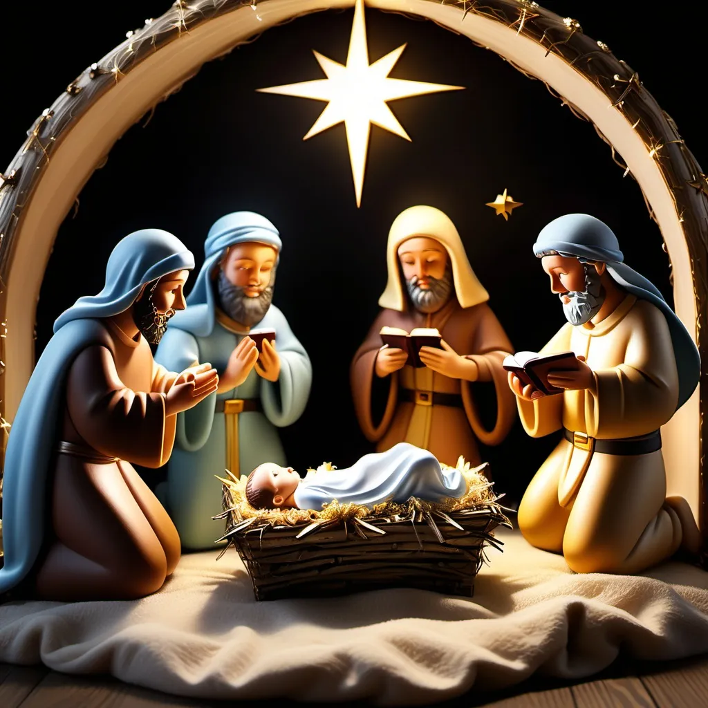 Prompt: create baby Jesus in a manger surrounded by the three wise men offering gift to him, lets the atmosphere be spiritual