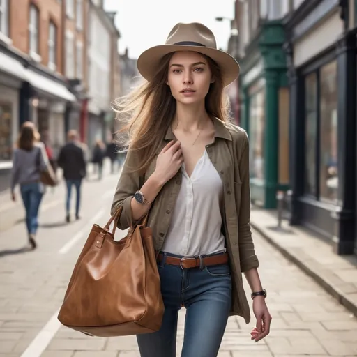 Prompt: Tall young woman walking down the high street, detailed clothing, realistic, natural lighting, stops  looks at her wristwatch walks faster . she reaches for her hat in her bag wera it