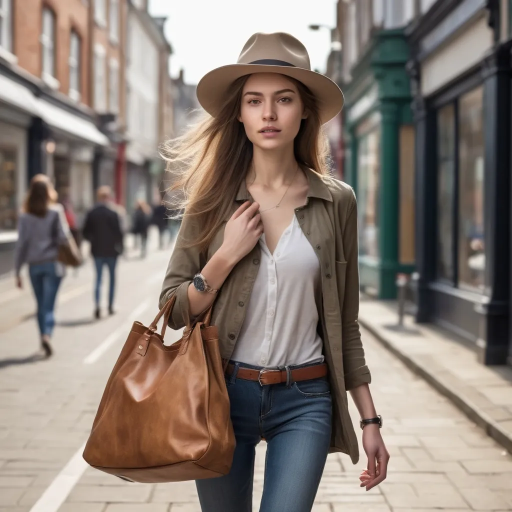 Prompt: Tall young woman walking down the high street, detailed clothing, realistic, natural lighting, stops  looks at her wristwatch walks faster . she reaches for her hat in her bag wera it