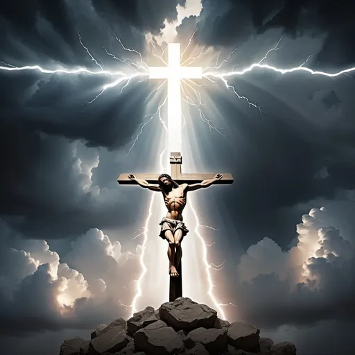 Prompt: Jesus Christ on the Cross looking up to heaven showing the cloud is divided with lightnings with glowing between