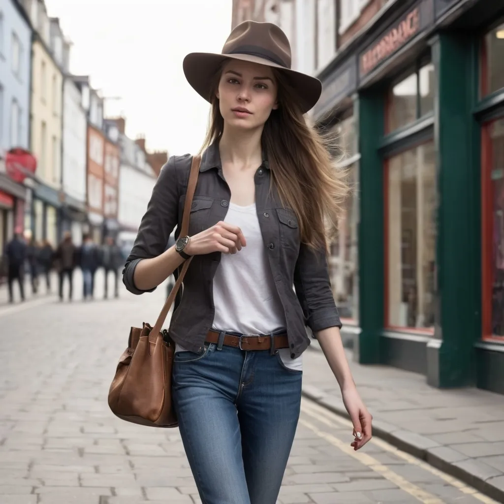 Prompt: Tall young woman walking down the high street, detailed clothing, realistic, natural lighting, stops  looks at her wristwatch walks faster . she reaches for her hat in her bag wera it