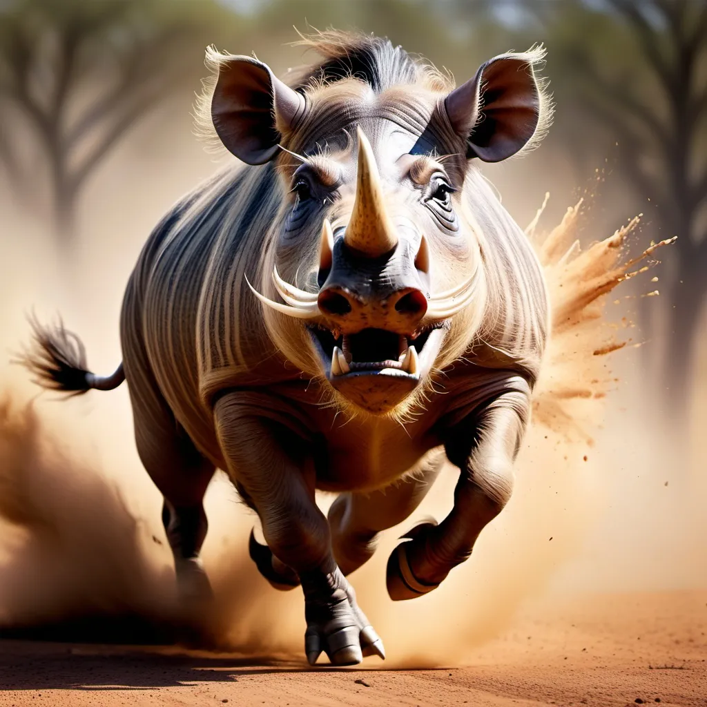 Prompt: create  an image of a huge warthog running fast with acceleration