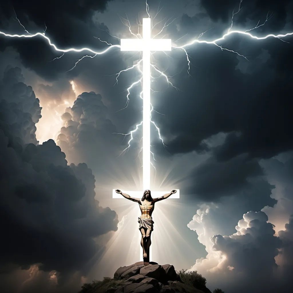 Prompt: Jesus Christ on the Cross looking up to heaven showing the cloud is divided with lightnings with glowing between