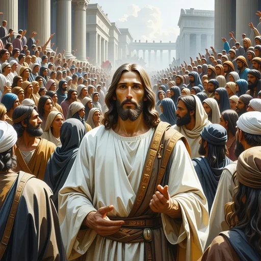 Prompt: Jesus Christ teaches surrounded by multitude of congregation and of people from parts of the world