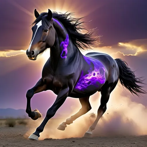 Prompt: Create a black wild mustang horse  running with strength show his vein behind is a dazzling purple cloud with beam of the sun. present the elegance of this horse