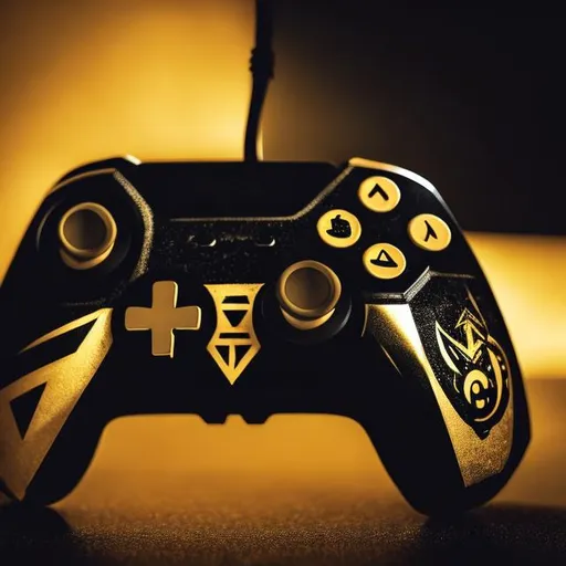 Prompt: create a black and gold image of a video game controller. add the words "OMC eSports" 