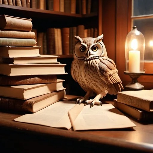 Prompt: Taking notes, piles of books, vintage paper, antique desk, scholarly owl, high quality, realistic, vintage, warm tones, soft lighting, detailed, cozy atmosphere
