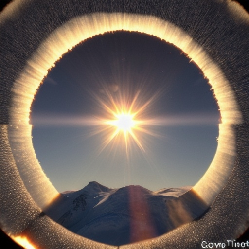 Prompt: a little fire in the center , snow around it and the sun from the left