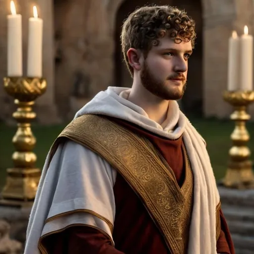 Prompt: white skinned man with short curly hair, young, charismatic, wearing a tunic and cloak. similar look to roman emperors 