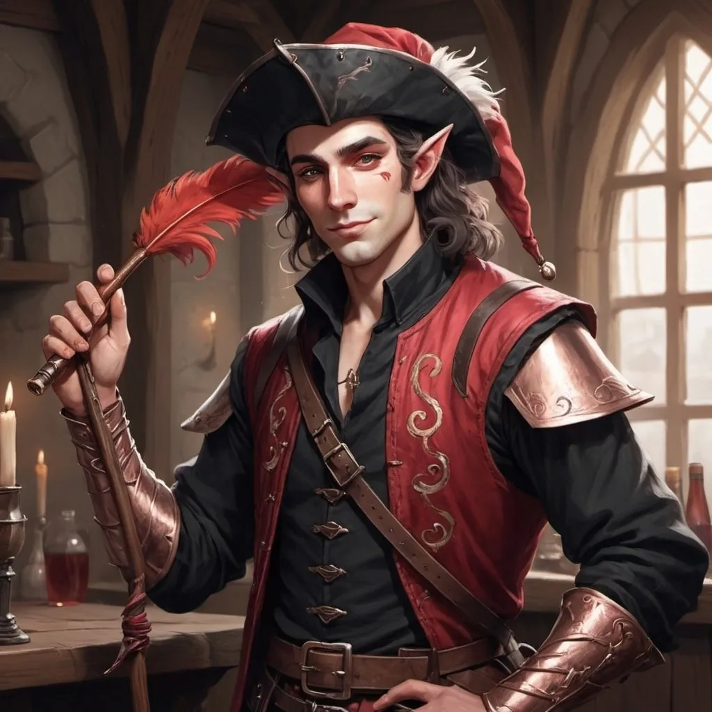 Prompt: a bard half elf in the DND universe who wears red and black leather clothing, has a bard hat with a feather that is black with a red tint towards the end, he is handsome and has this charismatic air about him, he is 6 feet tall,  has a flute, and lute that are rose gold and silver, Is happy on the outside but on the inside he is sad, his main weapon is a rapier, and he is in a tavern performing a song for a crowd