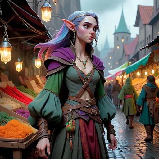 Prompt: (DND universe illustration), Lyrian 'Soulstrung' Silverstring, (half-elf bard), walking through a gloomy city market, surrounded by a myriad of faceless people, (ethereal and artistic appearance), intricate clothing with strings of vibrant colors, soft ambient light filtering through, noticeably bright amidst dim surroundings, (4K, ultra-detailed), melancholic but enchanting atmosphere, stalls brimming with intriguing wares, cobblestone streets under a cloud-covered sky.