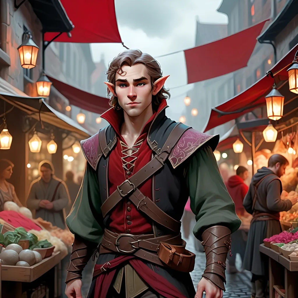 Prompt: (DND universe illustration), Lyrian 'Soulstrung' Silverstring, (half-elf male bard), walking through a gloomy city market, surrounded by a myriad of faceless people, (ethereal and artistic appearance), intricate clothing with strings of red, black, silver, and rose gold colors, soft ambient light filtering through, noticeably bright amidst dim surroundings, (4K, ultra-detailed), melancholic but enchanting atmosphere, stalls brimming with intriguing wares, cobblestone streets under a cloud-covered sky.